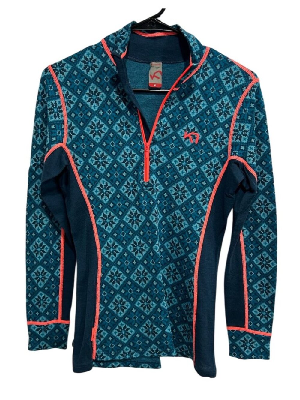 Kari Traa Medium Merino Wool Half Zip Base Layer Top Nordic Pattern Retro